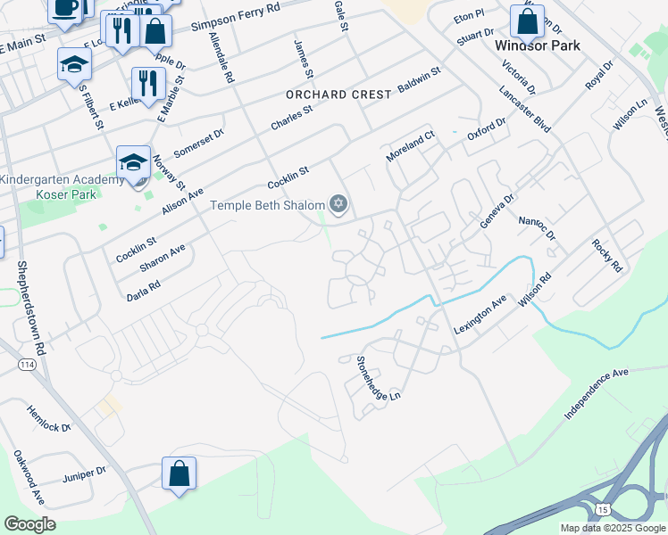 map of restaurants, bars, coffee shops, grocery stores, and more near Melbourne Lane in Mechanicsburg