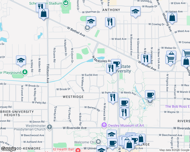map of restaurants, bars, coffee shops, grocery stores, and more near 2116 West Euclid Avenue in Muncie