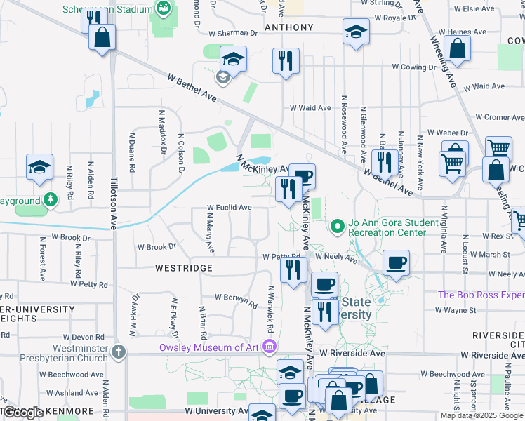 map of restaurants, bars, coffee shops, grocery stores, and more near 1517 North Woodridge Avenue in Muncie