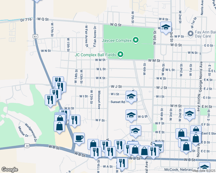 map of restaurants, bars, coffee shops, grocery stores, and more near 1000 West 10th Street in McCook