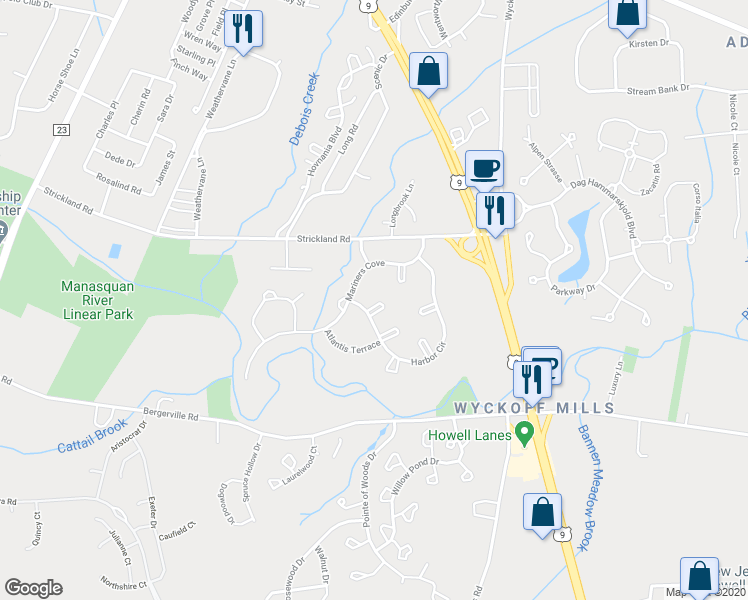 map of restaurants, bars, coffee shops, grocery stores, and more near 31 Seabreeze Square in Freehold Township