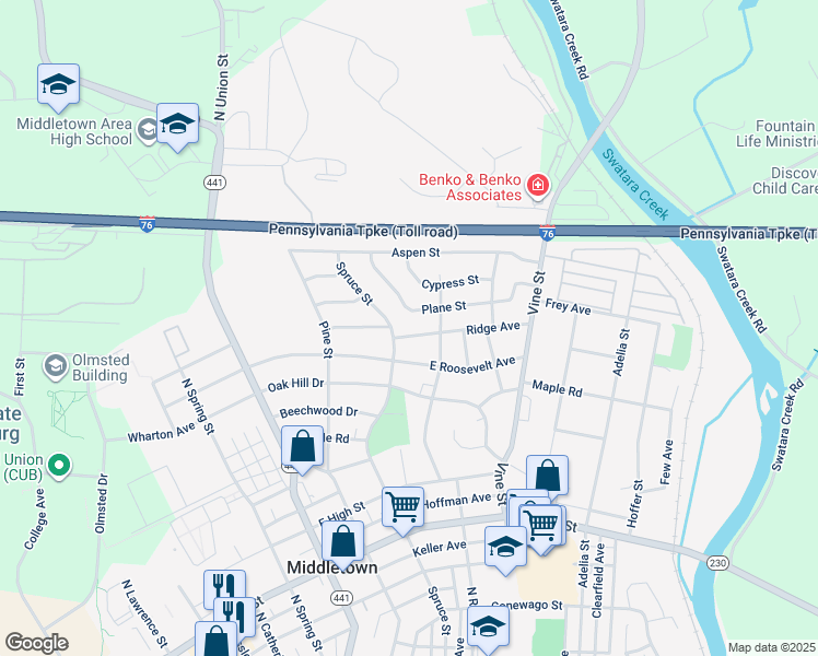 map of restaurants, bars, coffee shops, grocery stores, and more near 215 Ridge Avenue in Middletown
