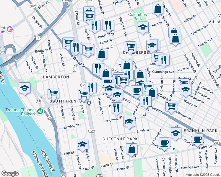 map of restaurants, bars, coffee shops, grocery stores, and more near 22 Watson Street in Trenton