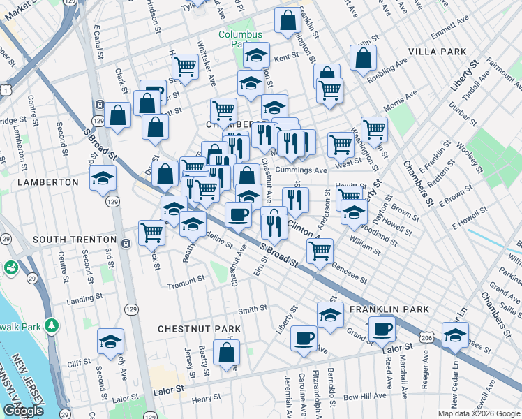 map of restaurants, bars, coffee shops, grocery stores, and more near 6 Rusling Street in Trenton