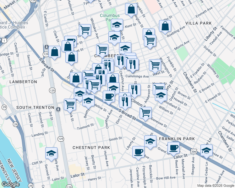 map of restaurants, bars, coffee shops, grocery stores, and more near 6 Rusling Street in Trenton