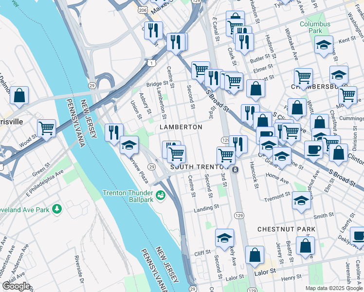 map of restaurants, bars, coffee shops, grocery stores, and more near 422 Centre Street in Trenton
