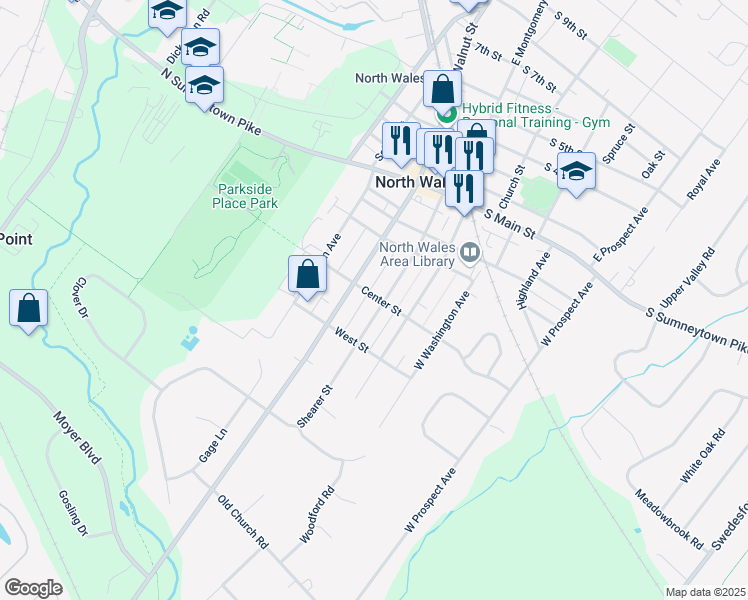 map of restaurants, bars, coffee shops, grocery stores, and more near 400 Shearer Street in North Wales