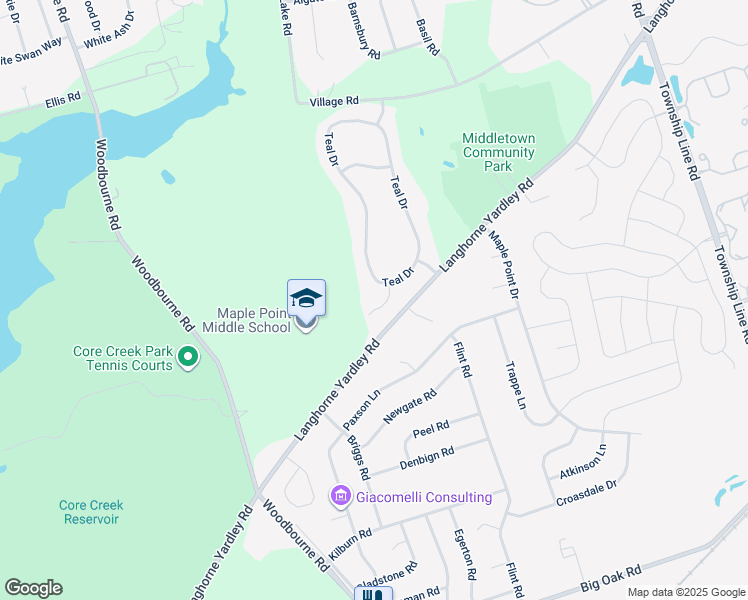 map of restaurants, bars, coffee shops, grocery stores, and more near 240 Pintail Court in Langhorne