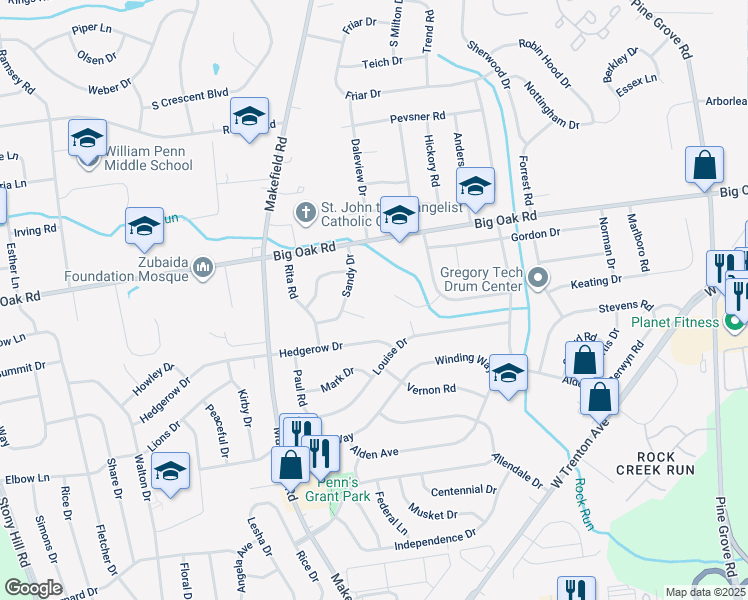 map of restaurants, bars, coffee shops, grocery stores, and more near 809 Kent Drive in Yardley