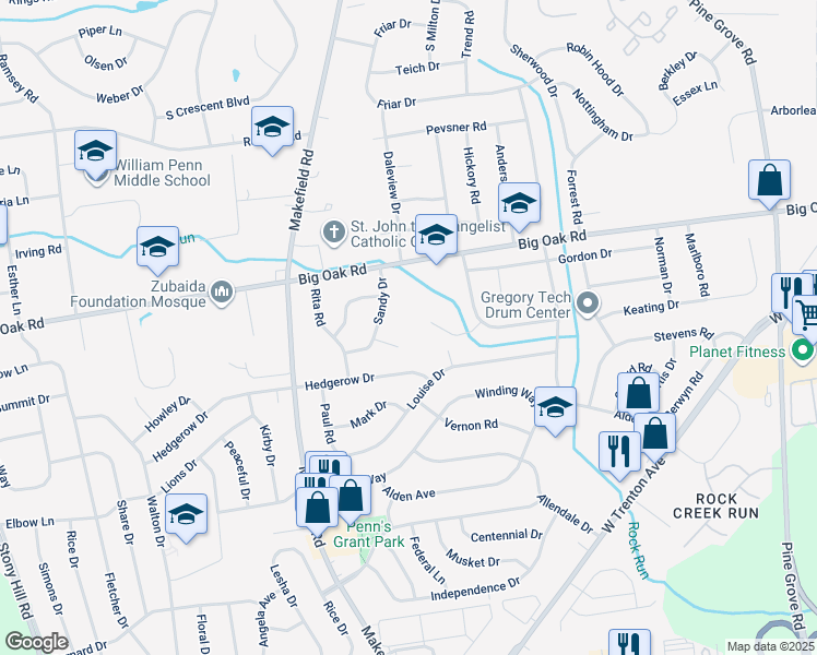 map of restaurants, bars, coffee shops, grocery stores, and more near 809 Kent Drive in Yardley