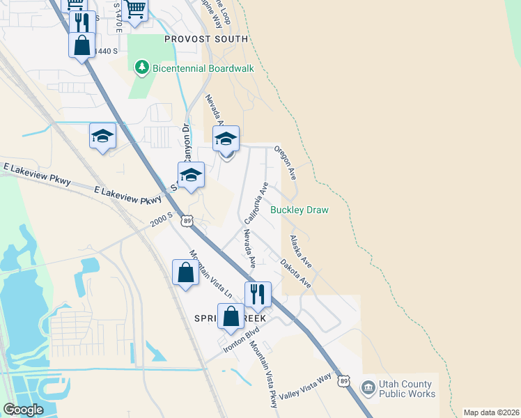 map of restaurants, bars, coffee shops, grocery stores, and more near 1935 California Avenue in Provo