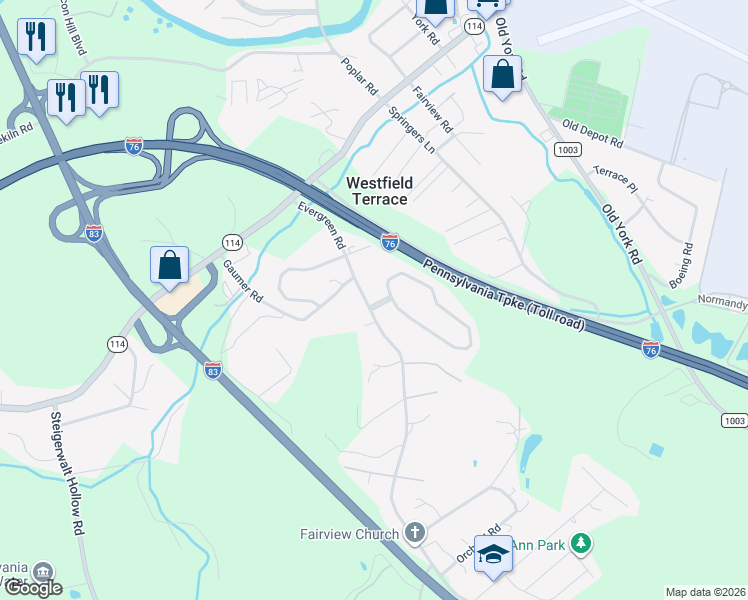 map of restaurants, bars, coffee shops, grocery stores, and more near 83 Evergreen Road in New Cumberland