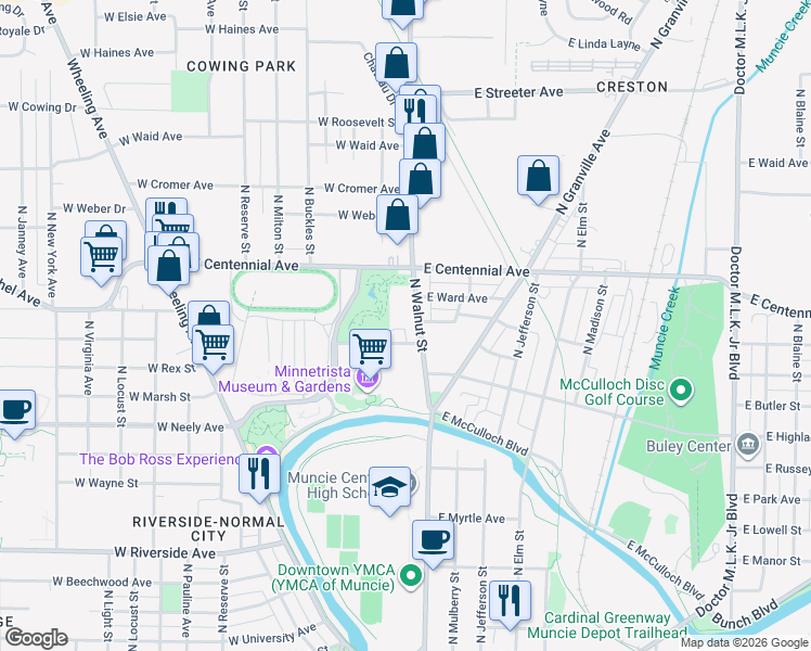 map of restaurants, bars, coffee shops, grocery stores, and more near 1505 North Walnut Street in Muncie