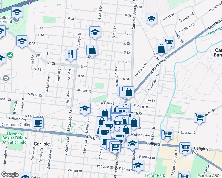 map of restaurants, bars, coffee shops, grocery stores, and more near 436 Fairground Avenue in Carlisle