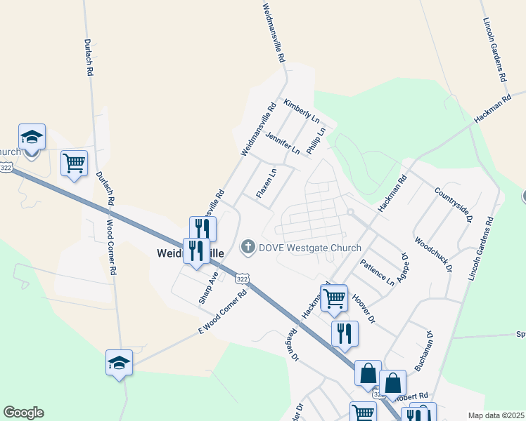 map of restaurants, bars, coffee shops, grocery stores, and more near 313 William Way in Ephrata