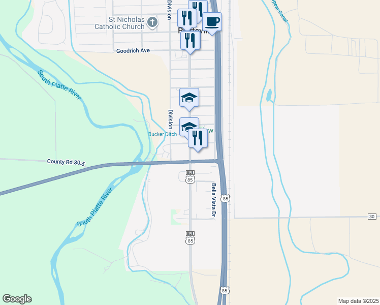 map of restaurants, bars, coffee shops, grocery stores, and more near U.S. 85 Business in Platteville