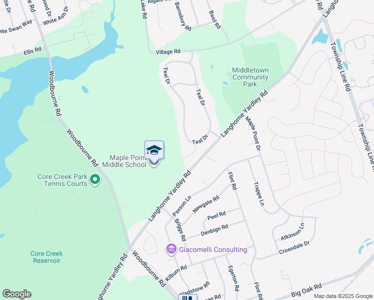 map of restaurants, bars, coffee shops, grocery stores, and more near 240 Pintail Court in Langhorne