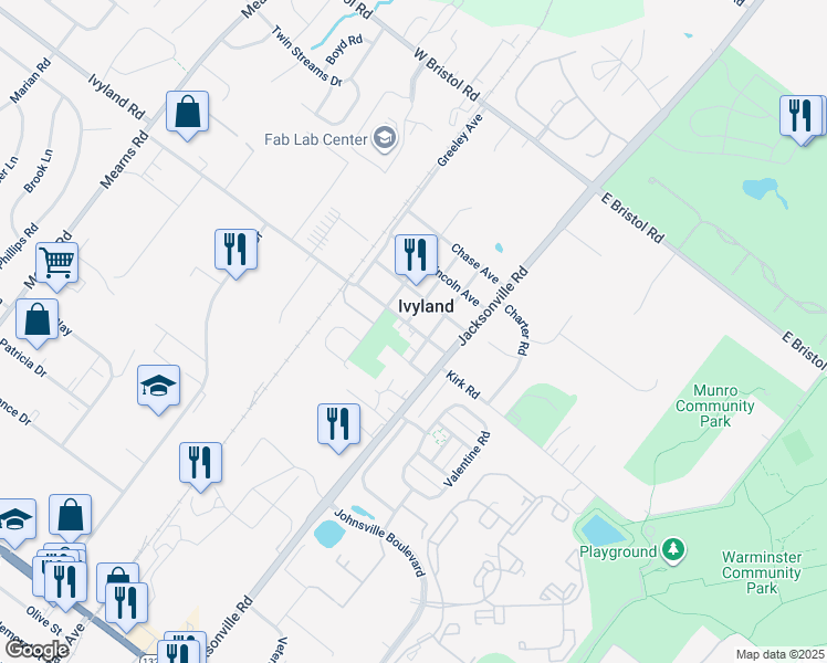 map of restaurants, bars, coffee shops, grocery stores, and more near 50 Wilson Avenue in Ivyland