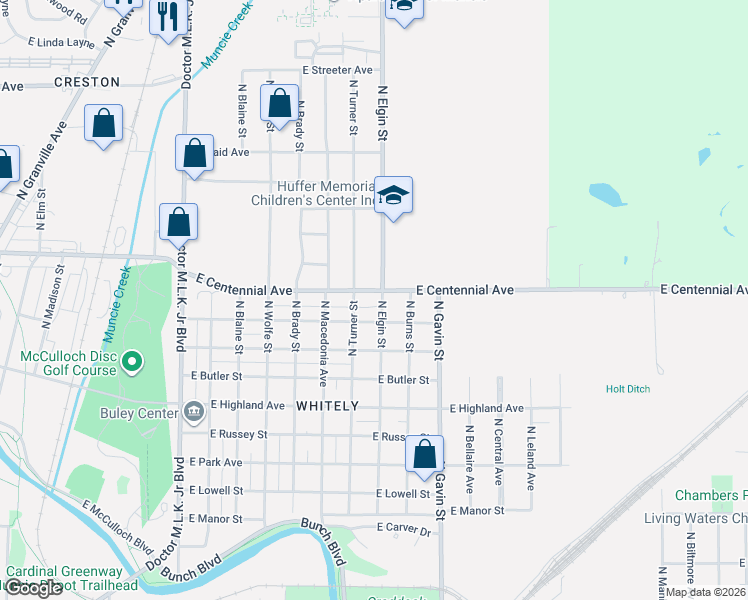 map of restaurants, bars, coffee shops, grocery stores, and more near 1803 East Centennial Avenue in Muncie
