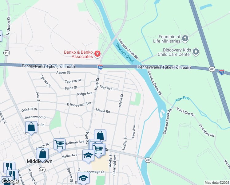 map of restaurants, bars, coffee shops, grocery stores, and more near 512 Frey Avenue in Middletown