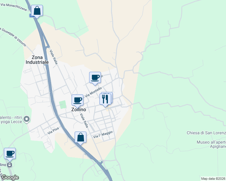 map of restaurants, bars, coffee shops, grocery stores, and more near in Zollino