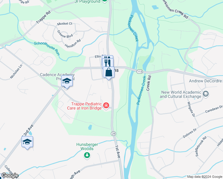 map of restaurants, bars, coffee shops, grocery stores, and more near 83 Gravel Pike in Collegeville