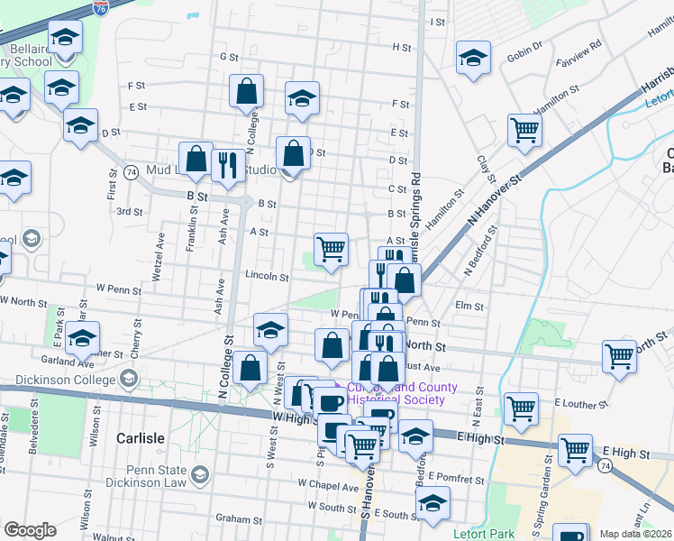 map of restaurants, bars, coffee shops, grocery stores, and more near 126 Lincoln Street in Carlisle