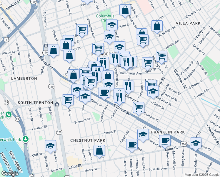 map of restaurants, bars, coffee shops, grocery stores, and more near 1059 South Clinton Avenue in Trenton