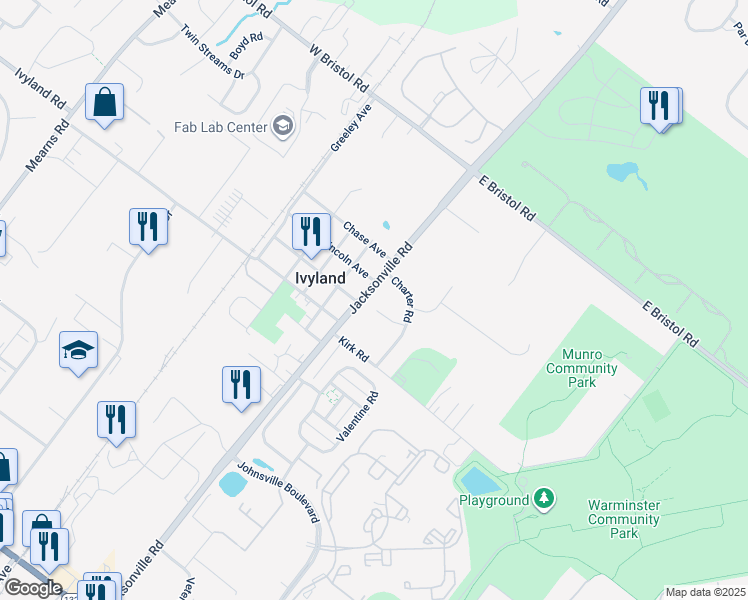 map of restaurants, bars, coffee shops, grocery stores, and more near 11 Dorsett Circle in Warminster