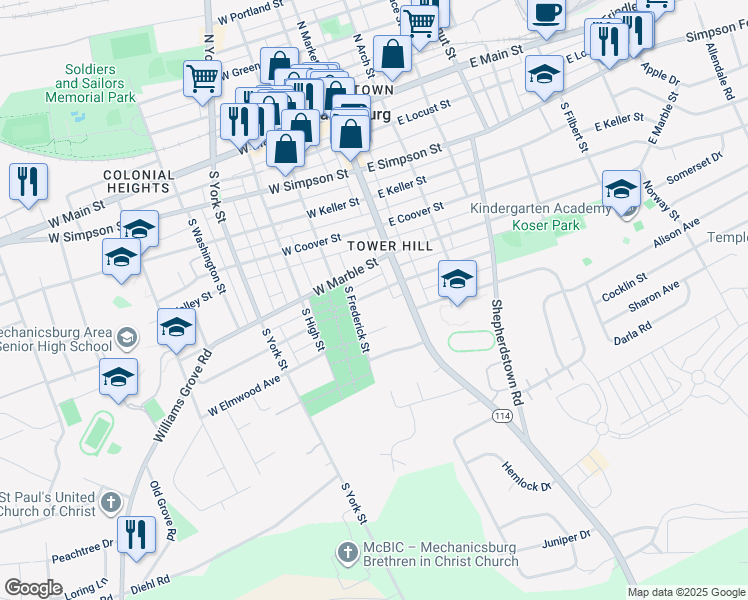 map of restaurants, bars, coffee shops, grocery stores, and more near 19 West Maplewood Avenue in Mechanicsburg
