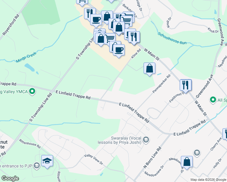 map of restaurants, bars, coffee shops, grocery stores, and more near 184 Kline Road in Royersford