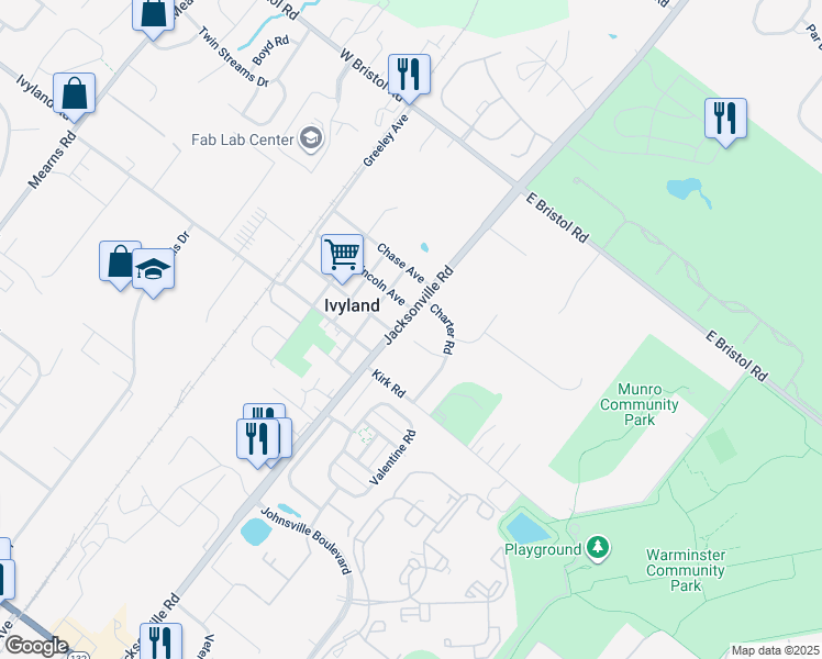 map of restaurants, bars, coffee shops, grocery stores, and more near 11 Dorsett Circle in Warminster