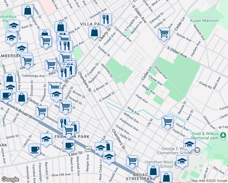 map of restaurants, bars, coffee shops, grocery stores, and more near 722 Howell Street in Hamilton Township