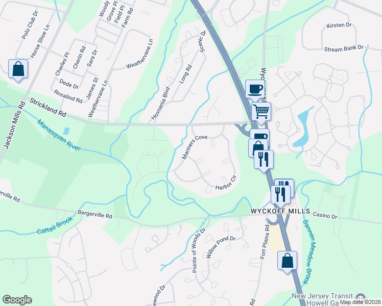 map of restaurants, bars, coffee shops, grocery stores, and more near 54 Mariners Cove in Freehold