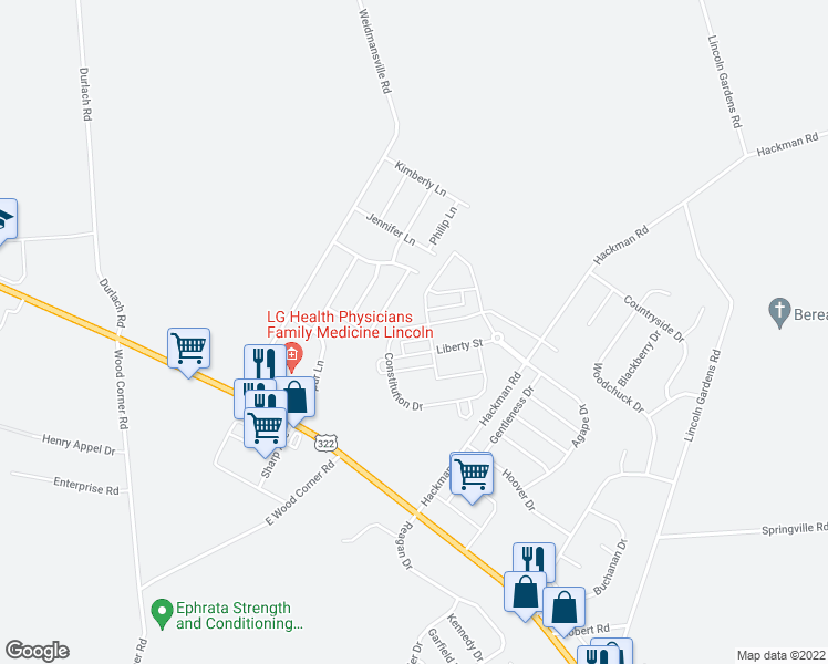 map of restaurants, bars, coffee shops, grocery stores, and more near 509 Foggy Bottom Road in Ephrata