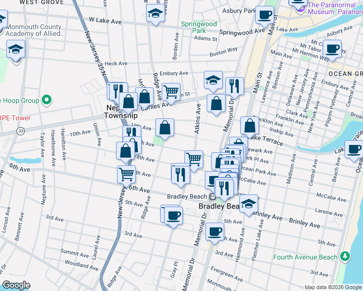map of restaurants, bars, coffee shops, grocery stores, and more near 1215 9th Avenue in Neptune City