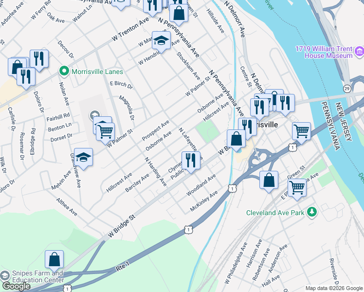 map of restaurants, bars, coffee shops, grocery stores, and more near 127 North Lafayette Avenue in Morrisville