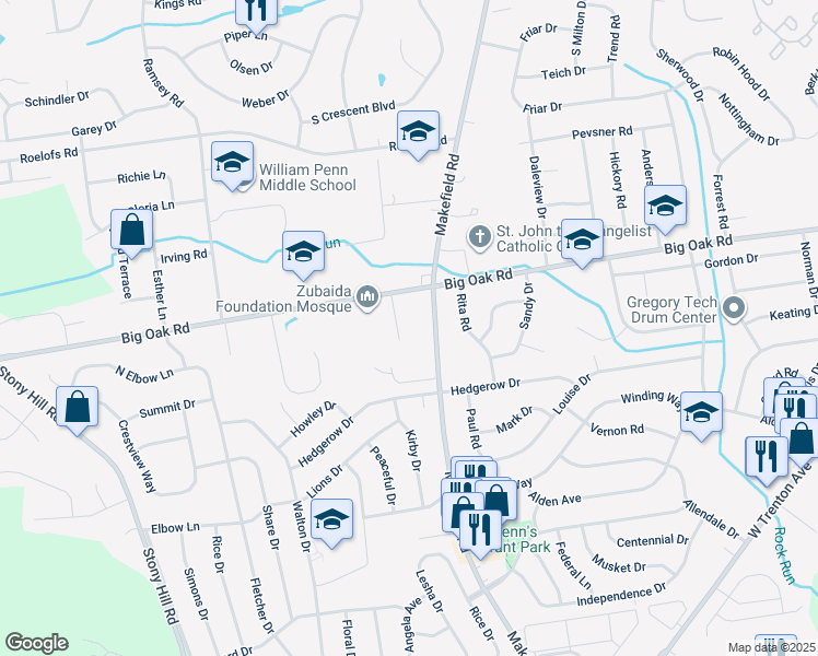 map of restaurants, bars, coffee shops, grocery stores, and more near 5 Williams Lane in Yardley