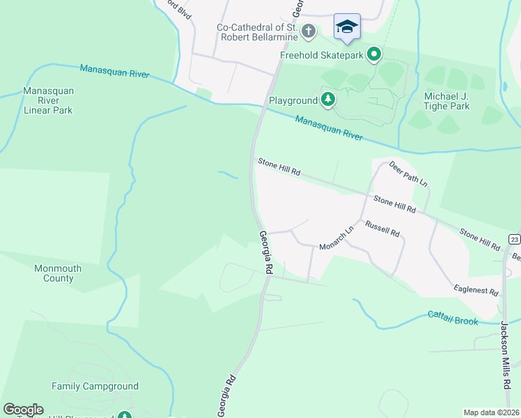 map of restaurants, bars, coffee shops, grocery stores, and more near 121 Georgia Road in Freehold