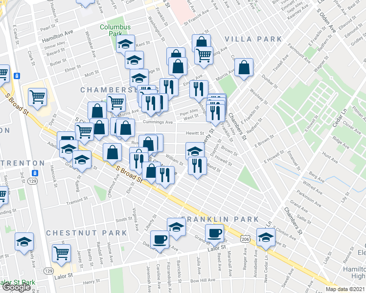 map of restaurants, bars, coffee shops, grocery stores, and more near 767 Anderson Street in Trenton
