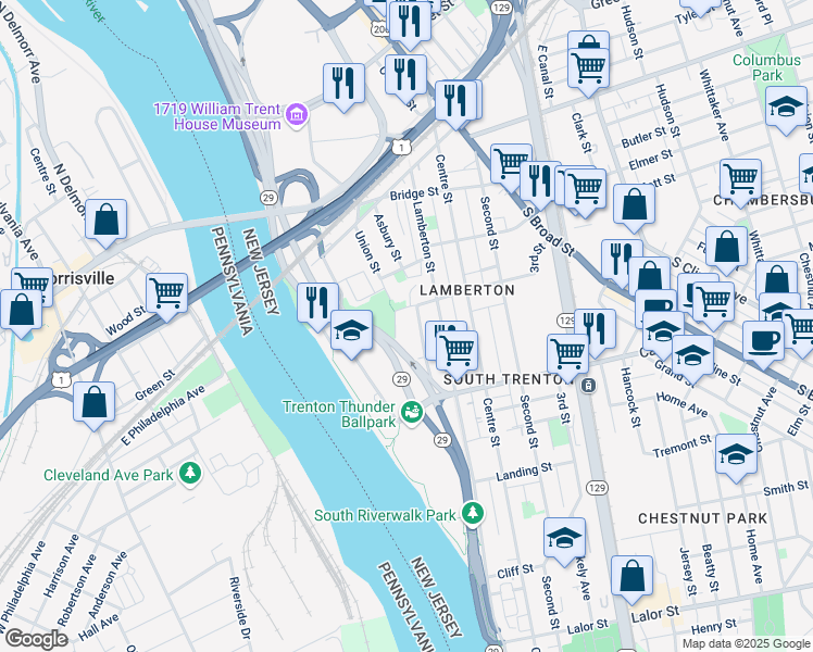 map of restaurants, bars, coffee shops, grocery stores, and more near 227 Federal Street in Trenton