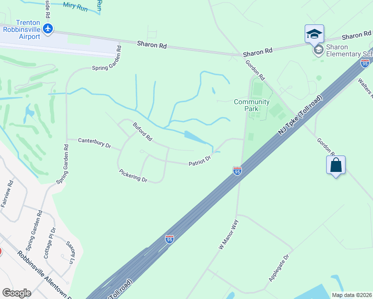 map of restaurants, bars, coffee shops, grocery stores, and more near 37 Buford Road in Robbinsville Township