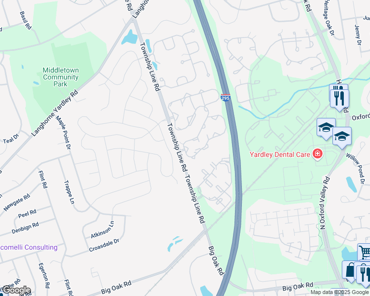 map of restaurants, bars, coffee shops, grocery stores, and more near 2301 Lynbrooke Drive in Yardley
