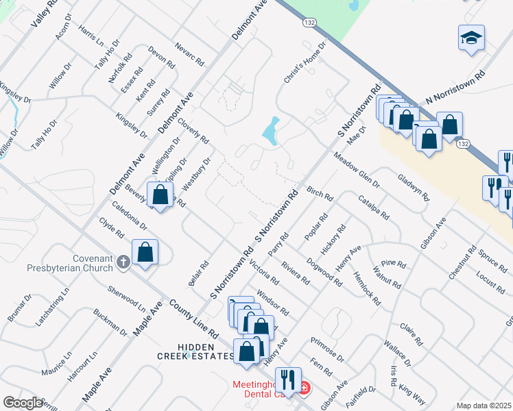 map of restaurants, bars, coffee shops, grocery stores, and more near 222 South Norristown Road in Warminster