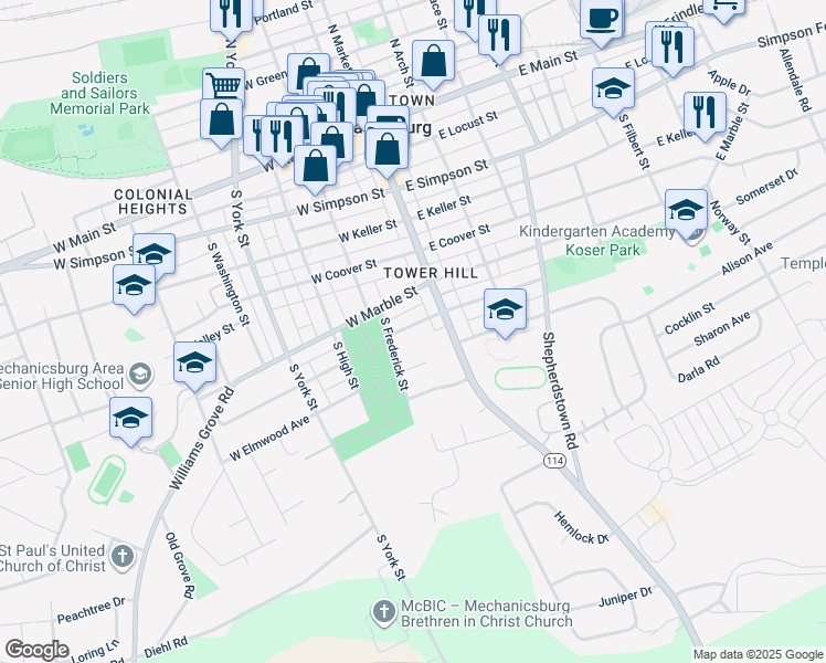 map of restaurants, bars, coffee shops, grocery stores, and more near 19 West Maplewood Avenue in Mechanicsburg