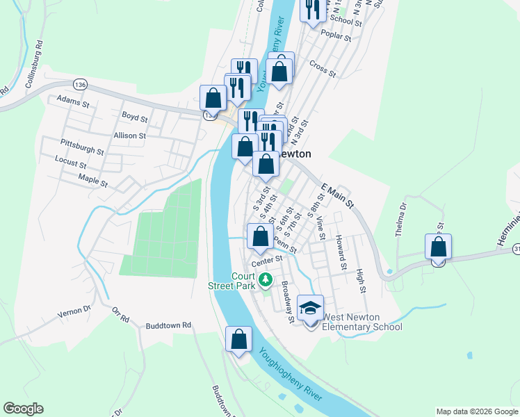 map of restaurants, bars, coffee shops, grocery stores, and more near 212 South 3rd Street in West Newton
