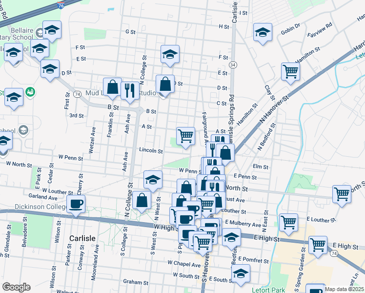 map of restaurants, bars, coffee shops, grocery stores, and more near 126 Lincoln Street in Carlisle