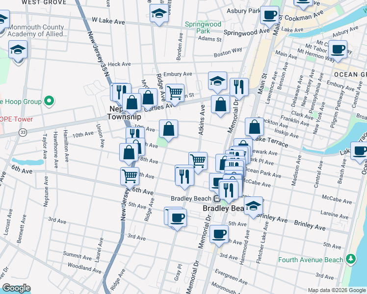 map of restaurants, bars, coffee shops, grocery stores, and more near 1215 9th Avenue in Neptune City