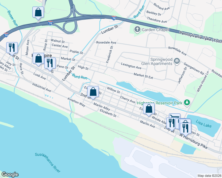 map of restaurants, bars, coffee shops, grocery stores, and more near 470 Willow Street in Highspire