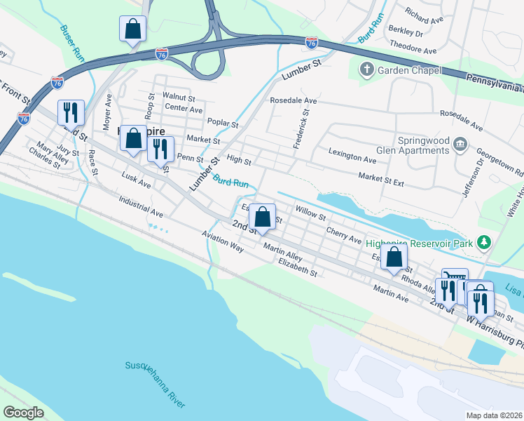 map of restaurants, bars, coffee shops, grocery stores, and more near 412 Eshelman Street in Highspire